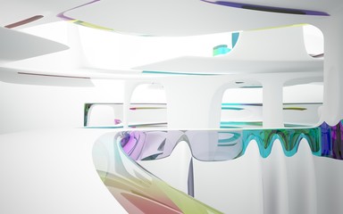 Abstract dynamic interior with white smooth objects and  colored glass lines. 3D illustration and rendering