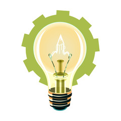 Light bulb with pencil outline spark & cog wheel background.