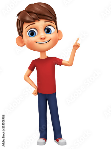 Character cartoon boy points his finger at an empty space. 3d rendering