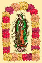 Wall Mural - Virgin of Guadalupe, color Roses Vector illustration	