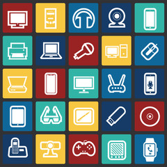 Poster - Cool gadgets and electronic devices set on color squares background icons