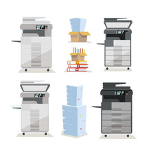 Set Of Multifunction Office Floor Copier Printer Scanner In Two Colors:light Gray, Black With Open And Closed Lid And Stacks Of Paper, Pile Of Document Folders In Box. Flat Cartoon Vector Illustration
