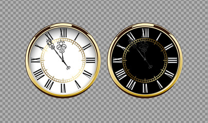 Vintage luxury golden wall clock with roman numbers isolated on transparent background. Realistic black and white round clock-face dial. Glossy gold frame ring. Time scale vector icon.
