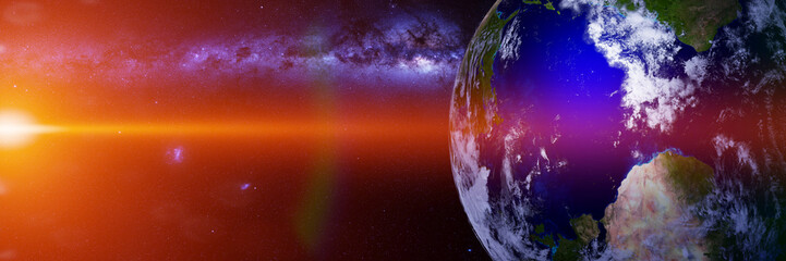 Wall Mural - planet earth, lit by the sun and the milky way galaxy