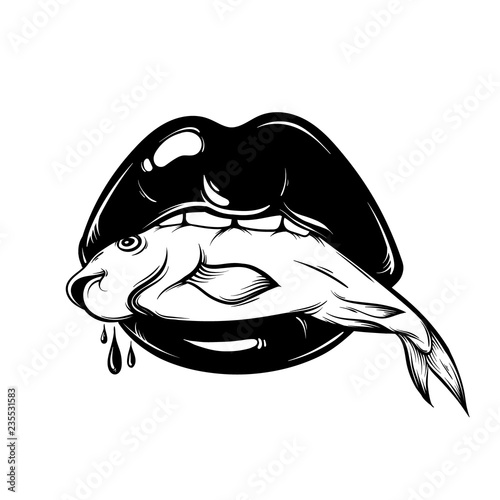 Vector Hand Drawn Illustration Of Woman Mouth With Fish Tattoo
