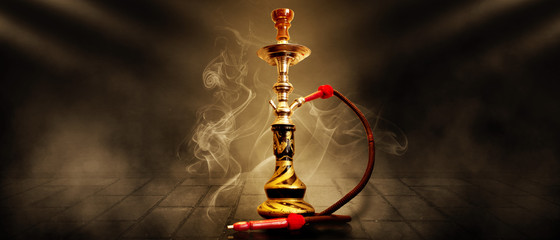 Canvas Print - Hookah on a dark abstract background, smoke, fog, neon, concrete, rays