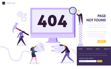 Poster - 404 Maintenance Error Landing Page Template. Page Not Found Under Construction Concept with Characters Workers Fixing Internet Problem for Website. Vector illustration