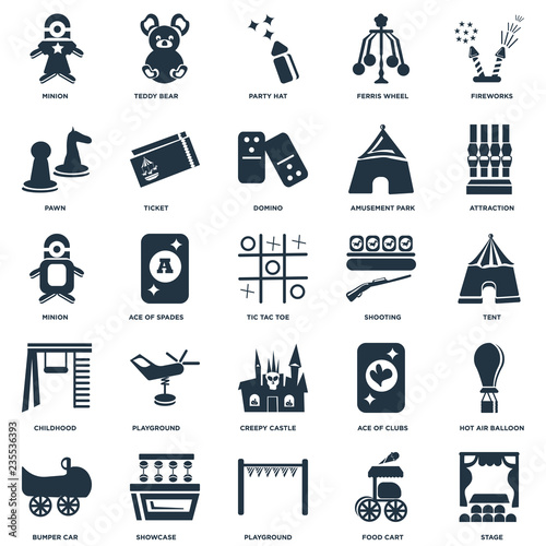 Fotografía Elements Such As Stage, Tent, Attraction, Teddy bear, Bumper car, Ticket, Ace of clubs, Minion icon vector illustration on white background
