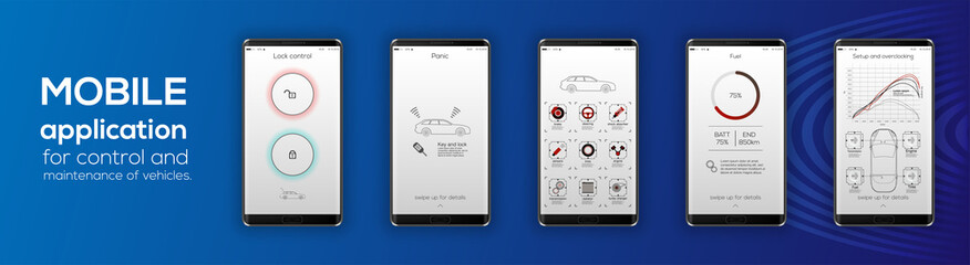 Poster - Mobile app cars infographic template with modern design weekly and annual statistics graphs. Cars statistic, web design, UI elements. Vector EPS 10