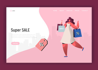 Wall Mural - Online Sale Illustration for landing page, Woman shopping with bags. People Character on discount website concept template, e-commerce customer in vector