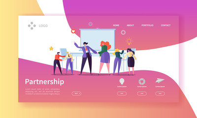 Poster - partnership and collaboration landing page template. business people characters handshake come to ag