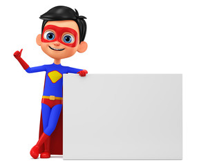 Wall Mural - Character cartoon boy in superhero costume shows thumb up on a white background. 3d rendering. Illustration for advertising.