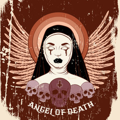 Wall Mural - Angel of death. Colorful vector illustration of blind nun with human skull blood and cross made in hand drawn line realistic style. Template for card poster banner print for t-shirt