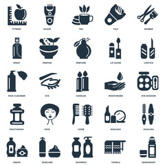  Elements Such As Deodorant, Towels, Shampoo, Skincare, Cream, Lipstick, Moisturizer, Comb, Mouthwash, Spray, Tea, Razor icon vector illustration on white background. Universal 25 icons set.