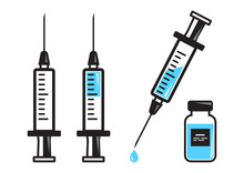 Set Of Syringes For Injection With Blue Vaccine, Vial Of Medicine. Vector Illustration