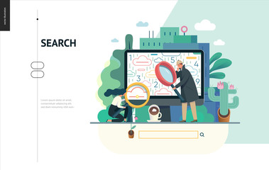 Business series, color 1 - search page - modern flat vector illustration concept of digital data research on computer. Information researching interaction process Creative landing page design template