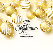 Christmas Background With Tree Balls And Snow. Golden Ball. New Year. Winter Holidays. Season Sale Decoration. Gold Xmas Gift.