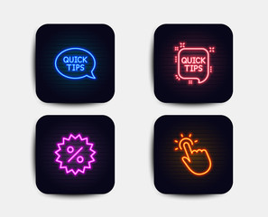 Poster - neon set of quick tips, discount and quickstart guide icons. touchpoint sign. helpful tricks, specia