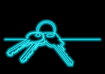 Poster - one line drawing of isolated vector object - keys with neon vector effect