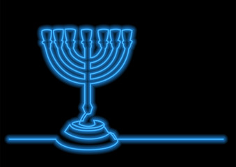 Poster - one line drawing of isolated vector object - seven branch menorah with neon vector effect