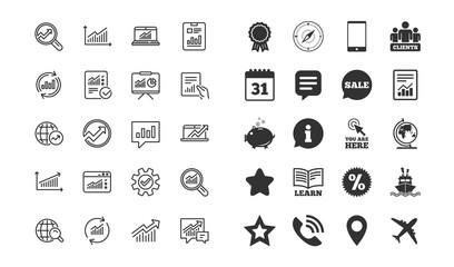 Aufkleber - Analysis, Statistics line icons. Set of Charts, Reports and Graphs signs. Data, Presentation and Communication speech bubbles. Global Statistics, hold Document and Checklist. Vector