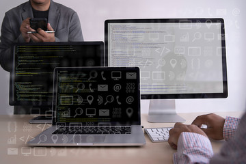 Fototapete - man work Coding software developer programmer is coding on a desktop computer