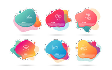 Poster - Dynamic liquid shapes. Set of Quickstart guide, Trade infochart and Tutorials icons. Financial diagram sign. Helpful tricks, Business analysis, Quick tips. Candlestick chart.  Gradient banners