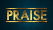 The word PRAISE concept written in gold texture on wooden background.