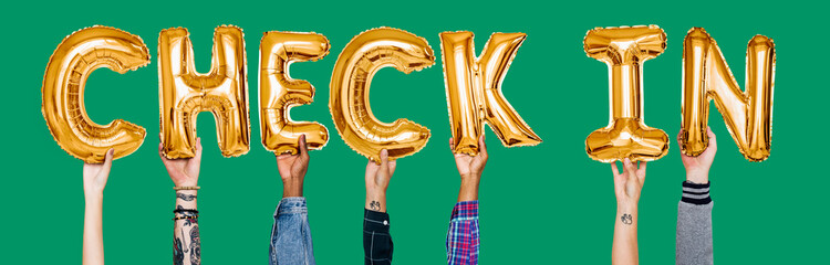 Poster - Hands showing check-in balloons word