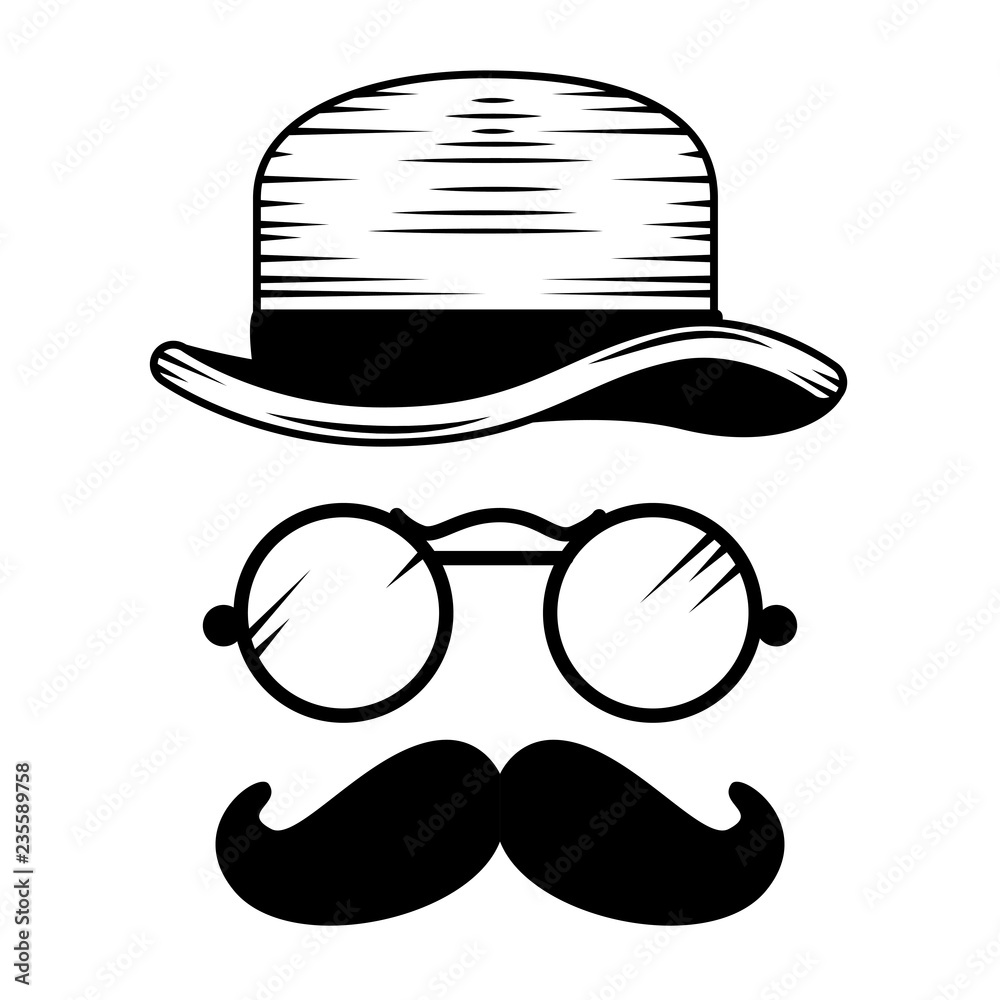 top hat with mustache and glasses hipster accessories - obrazy, fototapety, plakaty 