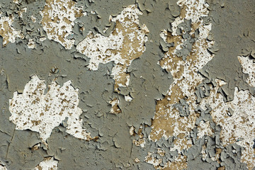 grey peeling paint on the old rough concrete surface