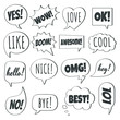 © Konstantin - 16 Speech bubbles flat style design set another shapes with text; love, yes, like, lol, cool, wow, boom, yes, omg... hand drawn comic cartoon style set vector illustration isolated on white background