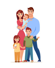 A happy family. Vector illustration. Young happy parents with their three children