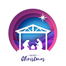 Birth Of Christ. Baby Jesus In The Manger. Holy Family. Magi. Star Of Bethlehem - East Comet. Nativity Christmas Design In Paper Art Style. Happy New Year. Circle Tunnel Frame. Purple.