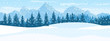 Horizontal Winter Landscape. Mountains fir tree forest in distant. Flat color vector Illustration.