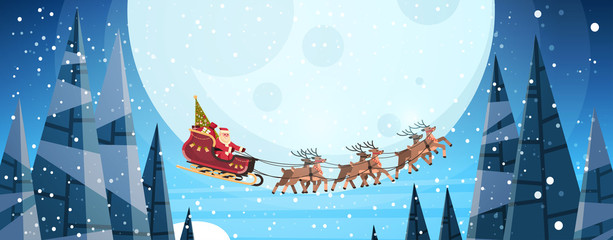 Wall Mural - santa claus flying in sledge with reindeers night sky over moon merry christmas happy new year horizontal winter holidays concept flat vector illustration