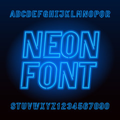 Aufkleber - Blue neon tube alphabet font. Neon color oblique capital letters and numbers. Stock vector typeface for your design.