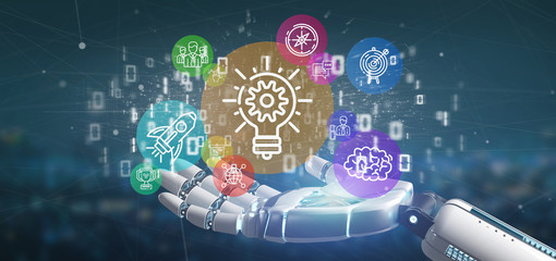 Poster - cyborg hand holding a cloud of colorfull start up icon bubble with data binary 3d rendering