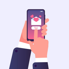 Poster - sending love message. hand holding cell phone with love heart on screen. valentines day message vect