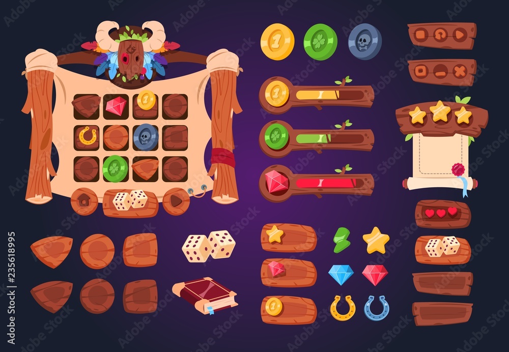 Cartoon game ui. Wooden buttons, sliders and icons. Interface for 2d games, app gui vector design. Game wood interface, gui application panel illustration - obrazy, fototapety, plakaty 