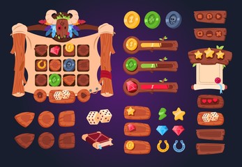 Sticker - Cartoon game ui. Wooden buttons, sliders and icons. Interface for 2d games, app gui vector design. Game wood interface, gui application panel illustration