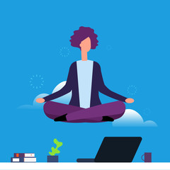 Wall Mural - Businesswoman doing yoga and meditation. Girl hanging in lotus pose over office desk. Woman yoga pose lotus, meditating and relaxation illustration