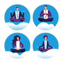 Poster - Meditation yoga businesspeople vector icons. Office workers avoid stress. Vector concept of office yoga, business meditation illustration