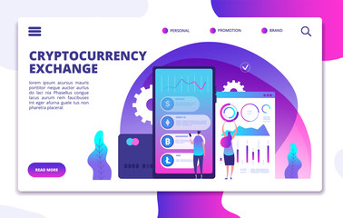 Poster - Cryptocurrency exchange landing page. Online crypto payment. Business marketplace web vector design. Crypto currency market, exchange litecoin and bitcoin illustration