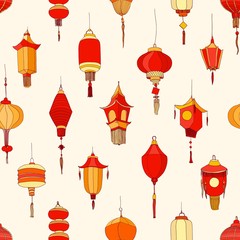 Poster - Seamless pattern with Chinese street lanterns on light background. Backdrop with beautiful oriental holiday decorations. Colorful realistic vector illustration for textile print, wrapping paper.