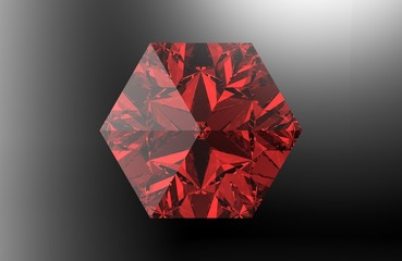 Wall Mural - Red hexagonal gemstone on black grey background. 3D render