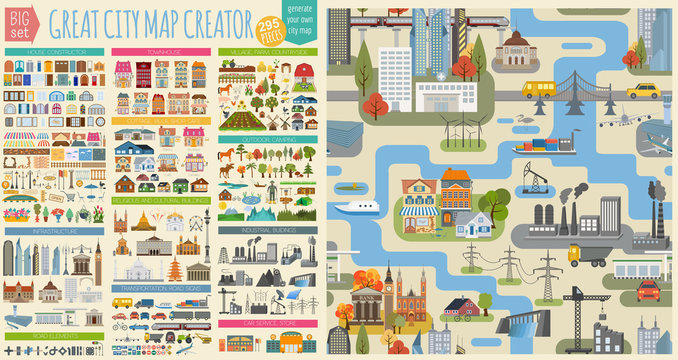 great city map creator.seamless pattern map and houses, infrastructure, industrial, transport, villa