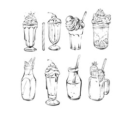 Hand drawn vector abstract ink graphic brush textured sketch drawing big collection set with lemonade,smoothie,coffee and dessert drinks cocktails isolated on white background