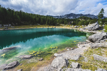 View of Triglav National Park and the Valley of Triglav Lakes. Mountain alpine landscape, forest, rocks and meadows or pastures. High alpine peaks in background. Vibrant blue sky and clouds.