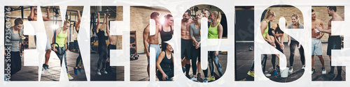 Papel de parede Collage of smiling young people exercising at the gym